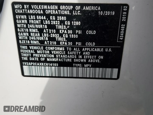 2019 Volkswagen Atlas S z VIN 1V2AP2CAXKC614103, wystawiony jako Copart lot #44392905 z przebiegiem 84 748 mil mil oraz Szkoda całkowita • Salvage title. Historia ofert i sprzedaży dostępna na DreamBid. Obrazek 15.