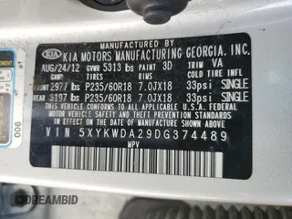 2013 Kia Sorento SX with VIN 5XYKWDA29DG374489, listed as a Copart auction lot 61231695 with 162,579 mi miles and Non repairable. Bid and sale history available at DreamBid. Image 13.