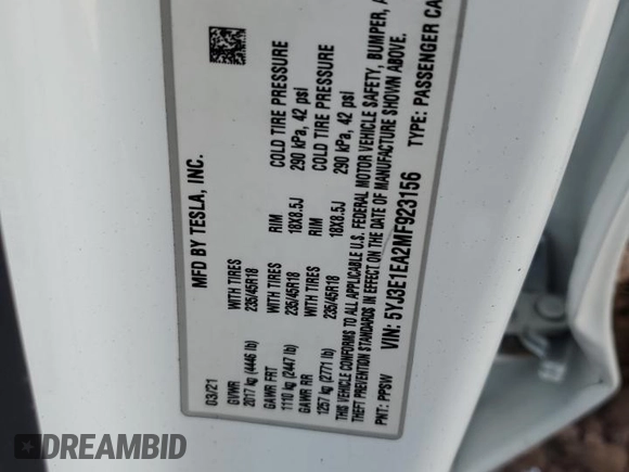 2021 Tesla Model 3 Standard Range Plus with VIN 5YJ3E1EA2MF923156, listed as a Copart auction lot 50098135 with 50,917 mi miles and Salvage Title. Bid and sale history available at carsss.com. Image 12.