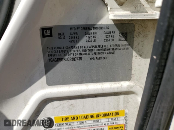 2012 Buick LaCrosse Premium 1 with VIN 1G4GD5GR0CF307475, listed as a Copart auction lot 56860665 with 111,947 mi miles and Salvage title. Bid and sale history available at DreamBid. Image 12.