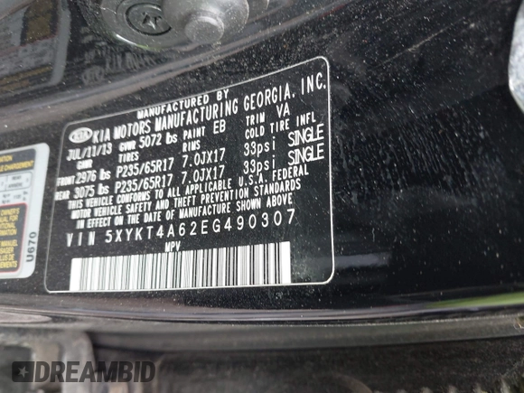 2014 Kia Sorento LX with VIN 5XYKT4A62EG490307, listed as a IAAI auction lot 41957200 with 104,331 mi miles. Bid and sale history available at carsss.com. Image 9.