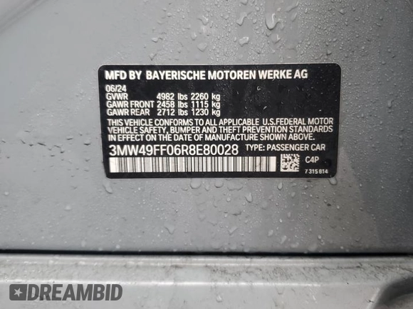2024 BMW 3 Series M340i xDrive with VIN 3MW49FF06R8E80028, listed as a Copart auction lot 45135535 with 3,575 mi miles and Salvage Title. Bid and sale history available at carsss.com. Image 12.