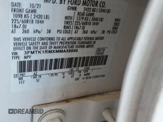 2021 Ford Mustang Mach-E Select with VIN 3FMTK1RMXMMA58666, listed as a Copart auction lot 64401675 with Not provided miles and Salvage title. Bid and sale history available at DreamBid. Image 12.