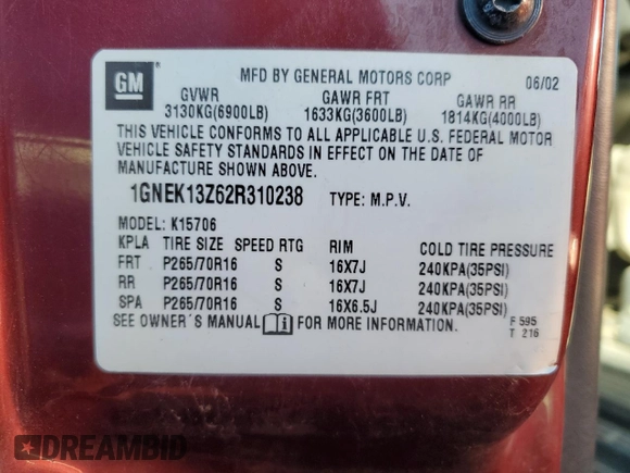 2002 Chevrolet Tahoe Z71 with VIN 1GNEK13Z62R310238, listed as a Copart auction lot 43973145 with 218,657 mi miles and Salvage Title. Bid and sale history available at carsss.com. Image 14.