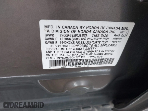 2012 Acura MDX Tech Pkg with VIN 2HNYD2H35CH520397, listed as a IAAI auction lot 41714981 with 100,566 mi miles. Bid and sale history available at carsss.com. Image 9.