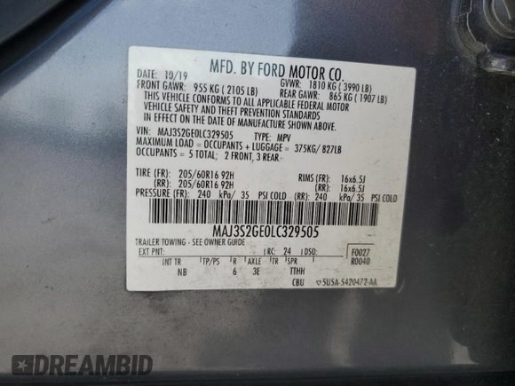 2020 Ford EcoSport SE with VIN MAJ3S2GE0LC329505, listed as a Copart auction lot 52909145 with 16,128 mi miles and Salvage Title. Bid and sale history available at carsss.com. Image 13.
