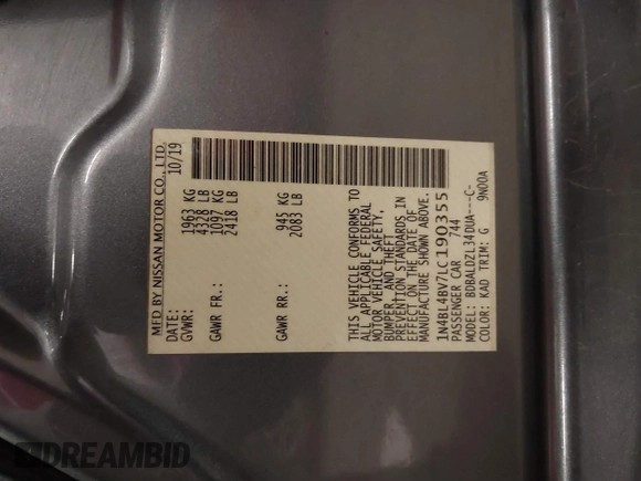 2020 Nissan Altima S z VIN 1N4BL4BV7LC190355, wystawiony jako IAAI lot #41667512 z przebiegiem 48 421 mil mil oraz . Historia ofert i sprzedaży dostępna na DreamBid. Obrazek 9.