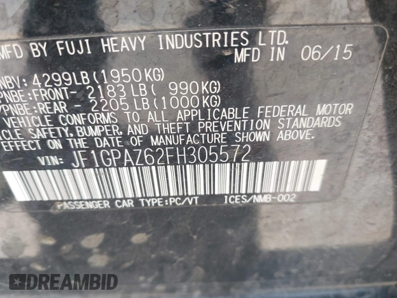 2015 Subaru Impreza Special Sports Limited with VIN JF1GPAZ62FH305572, listed as a IAAI auction lot 42338509 with 135,325 mi miles and . Bid and sale history available at DreamBid. Image 9.