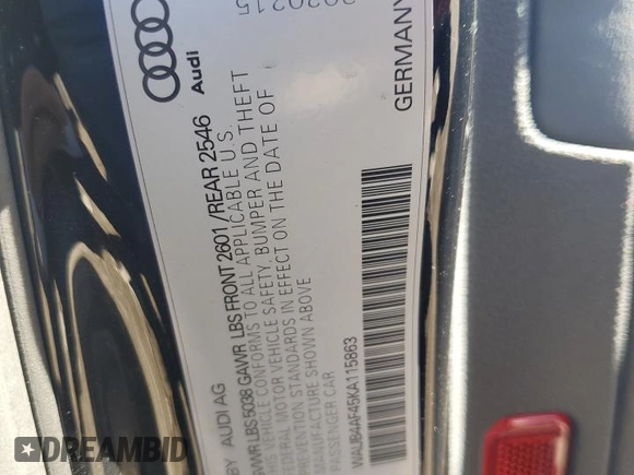 2019 Audi S4 Premium Plus with VIN WAUB4AF45KA115863, listed as a Copart auction lot 80114384 with 61,969 mi miles and Salvage Title. Bid and sale history available at carsss.com. Image 12.