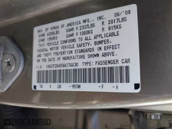 2009 Honda Accord LX-P z VIN 1HGCP26459A174430, wystawiony jako IAAI lot #42073355 z przebiegiem 106 046 mil mil oraz . Historia ofert i sprzedaży dostępna na DreamBid. Obrazek 9.