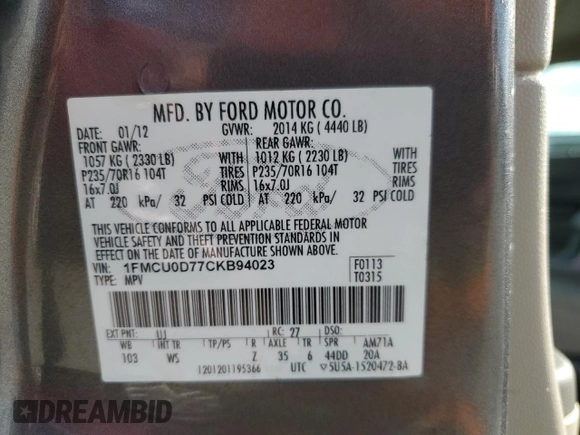 2012 Ford Escape XLT with VIN 1FMCU0D77CKB94023, listed as a Copart auction lot 54417045 with 150,933 mi miles and Salvage title. Bid and sale history available at DreamBid. Image 13.