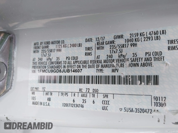 2018 Ford Escape SE with VIN 1FMCU9GD8JUB14607, listed as a IAAI auction lot 41866119 with 1 mi miles. Bid and sale history available at carsss.com. Image 9.