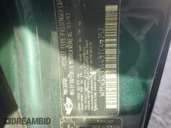 2003 MINI Hardtop with VIN WMWRC33443TC44252, listed as a Copart auction lot 74892414 with Not provided miles and Non repairable. Bid and sale history available at DreamBid. Image 13.
