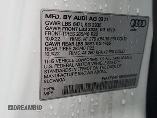 2021 Audi Q8 Prestige with VIN WA1FVAF16MD032462, listed as a Copart auction lot 81675224 with 38,472 mi miles and Salvage title. Bid and sale history available at DreamBid. Image 13.
