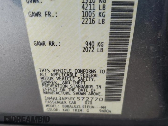 2015 Nissan Altima SV z VIN 1N4AL3AP5FC572770, wystawiony jako Copart lot #50510935 z przebiegiem 122 851 mil mil oraz Szkoda całkowita • Salvage title. Historia ofert i sprzedaży dostępna na DreamBid. Obrazek 12.