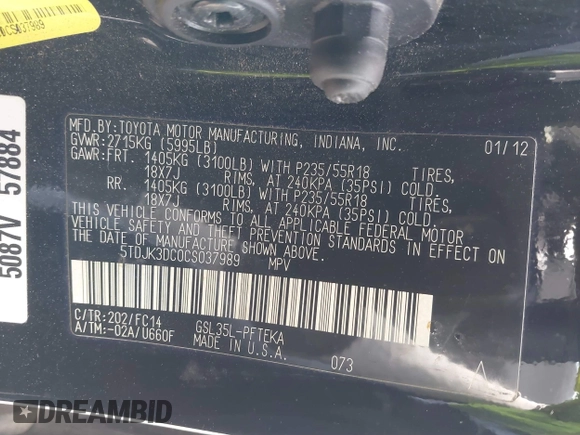2012 Toyota Sienna LE with VIN 5TDJK3DC0CS037989, listed as a IAAI auction lot 41622546 with 165,363 mi miles. Bid and sale history available at carsss.com. Image 9.