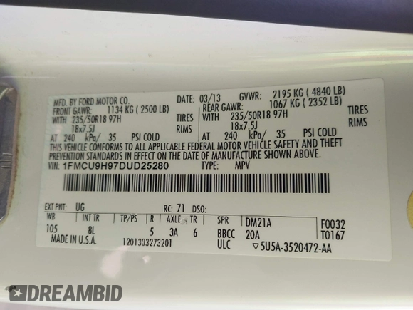 2013 Ford Escape SEL with VIN 1FMCU9H97DUD25280, listed as a IAAI auction lot 41880958 with 132,003 mi miles and . Bid and sale history available at DreamBid. Image 9.