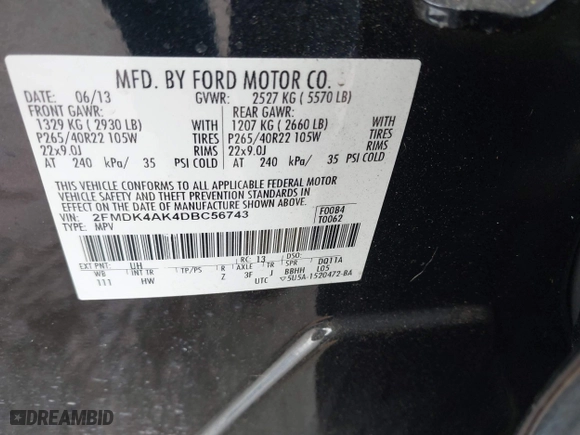 2013 Ford Edge Sport with VIN 2FMDK4AK4DBC56743, listed as a IAAI auction lot 41907486 with 194,824 mi miles. Bid and sale history available at carsss.com. Image 9.