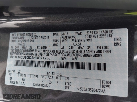 2017 Ford Escape SE with VIN 1FMCU9GD2HUD71238, listed as a IAAI auction lot 41941694 with 114,327 mi miles and . Bid and sale history available at DreamBid. Image 9.