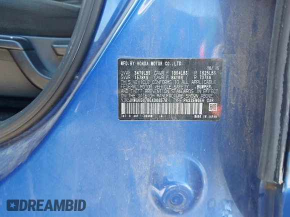 2016 Honda Fit EX with VIN JHMGK5H78GX008578, listed as a IAAI auction lot 41886257 with 128,388 mi miles and . Bid and sale history available at DreamBid. Image 9.