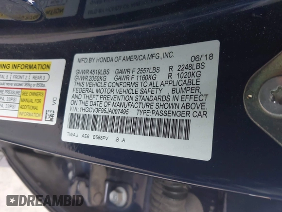 2018 Honda Accord Touring with VIN 1HGCV3F95JA007495, listed as a IAAI auction lot 42192915 with 46,302 mi miles and . Bid and sale history available at DreamBid. Image 9.