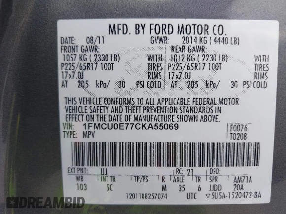2012 Ford Escape Limited z VIN 1FMCU0E77CKA55069, wystawiony jako IAAI lot #41965439 z przebiegiem 138 186 mil mil oraz . Historia ofert i sprzedaży dostępna na DreamBid. Obrazek 9.
