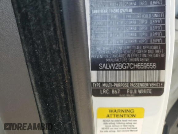2012 Land Rover Range Rover Evoque Prestige Premium with VIN SALVV2BG7CH659558, listed as a Copart auction lot 57055965 with 117,008 mi miles and Salvage title. Bid and sale history available at DreamBid. Image 14.