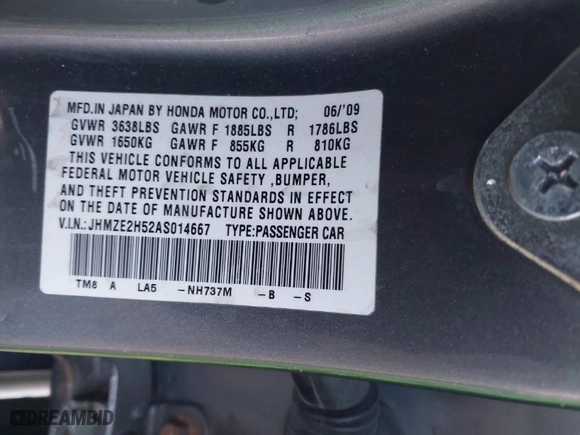 2010 Honda Insight LX with VIN JHMZE2H52AS014667, listed as a IAAI auction lot 41258620 with 138,419 mi miles. Bid and sale history available at carsss.com. Image 9.