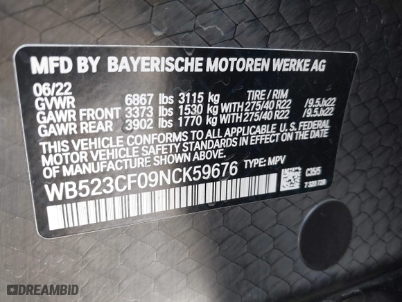 2022 BMW iX xDrive50 with VIN WB523CF09NCK59676, listed as a IAAI auction lot 41866019 with 1 mi miles. Bid and sale history available at carsss.com. Image 9.