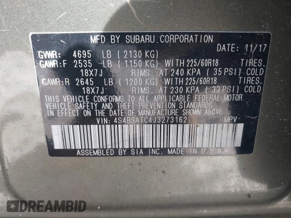 2018 Subaru Outback Touring with VIN 4S4BSATC4J3273162, listed as a IAAI auction lot 42298612 with 78,737 mi miles and . Bid and sale history available at DreamBid. Image 9.