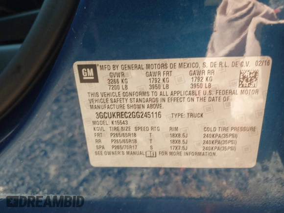 2016 Chevrolet Silverado 1500 LT with VIN 3GCUKREC2GG245116, listed as a IAAI auction lot 42036567 with 229,679 mi miles and . Bid and sale history available at DreamBid. Image 9.