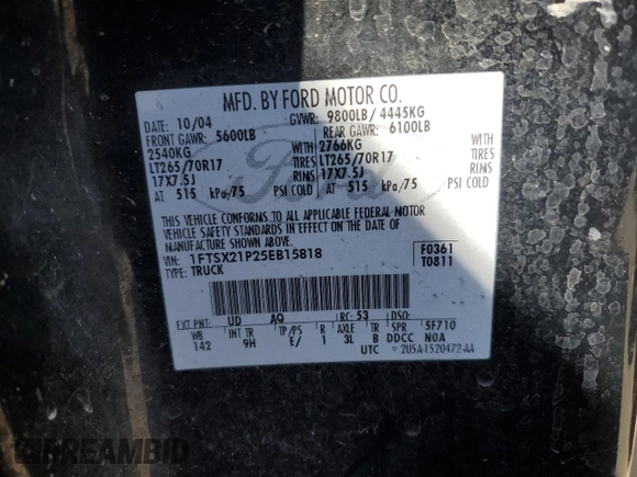 2005 Ford F-250 XL with VIN 1FTSX21P25EB15818, listed as a Copart auction lot 54222215 with 260,018 mi miles and Salvage Title. Bid and sale history available at DreamBid. Image 13.