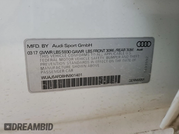 2017 Audi S8 z VIN WUAJ5AFD8HN901401, wystawiony jako Copart lot #77734973 z przebiegiem 133 780 mil mil oraz . Historia ofert i sprzedaży dostępna na DreamBid. Obrazek 13.