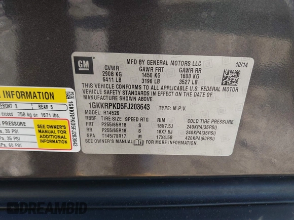 2015 GMC Acadia SLE with VIN 1GKKRPKD5FJ203643, listed as a IAAI auction lot 41213639 with 188,109 mi miles. Bid and sale history available at carsss.com. Image 9.