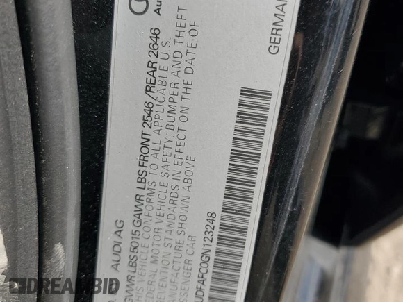 2016 Audi A6 2.0T Premium Plus with VIN WAUDFAFC0GN123248, listed as a Copart auction lot 85798244 with 75,713 mi miles and Salvage Title. Bid and sale history available at carsss.com. Image 12.