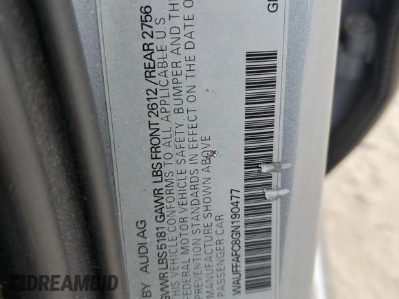 2016 Audi A6 2.0T Premium with VIN WAUFFAFC8GN190477, listed as a Copart auction lot 73003454 with 82,737 mi miles and Salvage Title. Bid and sale history available at carsss.com. Image 12.