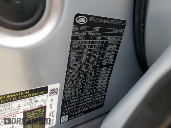 2019 Land Rover Range Rover Velar S with VIN SALYB2FVXKA221154, listed as a Copart auction lot 42615465 with 56,435 mi miles and Salvage title. Bid and sale history available at DreamBid. Image 15.