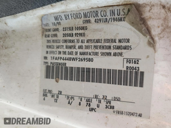 1998 Ford Mustang with VIN 1FAFP4448WF269580, listed as a Copart auction lot 54861155 with 304,869 mi miles and Salvage title. Bid and sale history available at DreamBid. Image 12.
