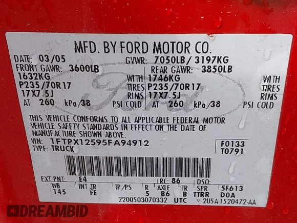 2005 Ford F-150 XLT with VIN 1FTPX12595FA94912, listed as a IAAI auction lot 41545152 with 374,589 mi miles. Bid and sale history available at carsss.com. Image 9.