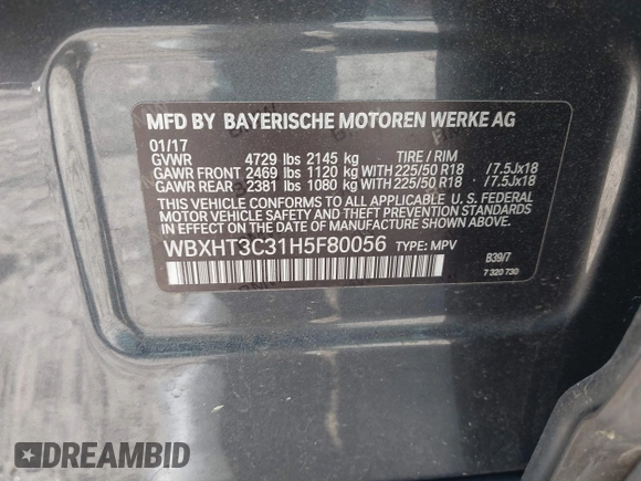 2017 BMW X1 xDrive28i with VIN WBXHT3C31H5F80056, listed as a IAAI auction lot 42049925 with 64,471 mi miles and . Bid and sale history available at DreamBid. Image 9.