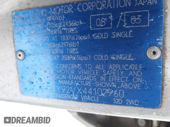 2004 Suzuki XL-7 LX with VIN JS3TY92VX44102960, listed as a IAAI auction lot 41559160 with 134,029 mi miles. Bid and sale history available at carsss.com. Image 9.