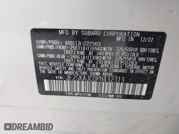 2023 Subaru Forester Sport with VIN JF2SKAJC0PH432313, listed as a IAAI auction lot 41828971 with 1 mi miles. Bid and sale history available at carsss.com. Image 9.