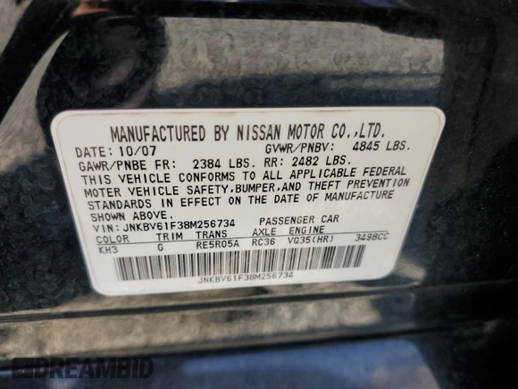 2008 Infiniti G35 x with VIN JNKBV61F38M256734, listed as a Copart auction lot 68904004 with 216,045 mi miles and Salvage Title. Bid and sale history available at DreamBid. Image 14.