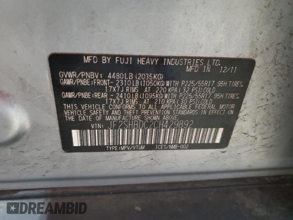 2012 Subaru Forester X Premium with VIN JF2SHBDC2CH429892, listed as a Copart auction lot 55873895 with 139,739 mi miles and Clean Title. Bid and sale history available at DreamBid. Image 13.