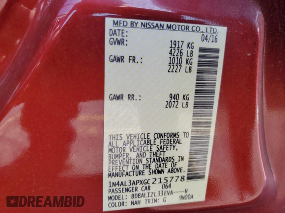 2016 Nissan Altima SV with VIN 1N4AL3APXGC215778, listed as a Copart auction lot 64008685 with 82,351 mi miles and Salvage title. Bid and sale history available at DreamBid. Image 12.