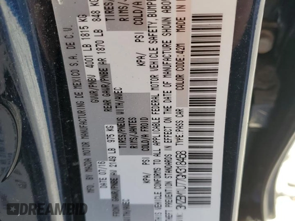 2016 Mazda 3 i Sport with VIN 3MZBM1U77GM318468, listed as a Copart auction lot 51823895 with 53,657 mi miles and Clean Title. Bid and sale history available at DreamBid. Image 12.