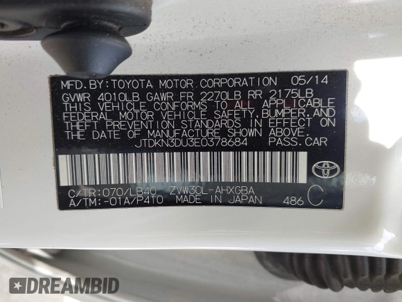 2014 Toyota Prius Four with VIN JTDKN3DU3E0378684, listed as a IAAI auction lot 41944116 with 198,514 mi miles. Bid and sale history available at carsss.com. Image 9.
