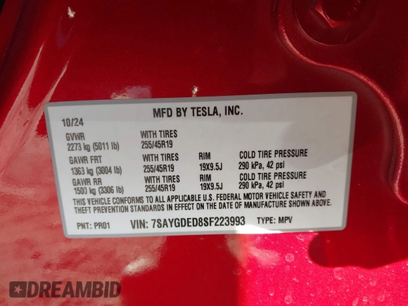 2025 Tesla Model Y Long Range with VIN 7SAYGDED8SF223993, listed as a IAAI auction lot 41743146 with 4,866 mi miles and . Bid and sale history available at DreamBid. Image 9.