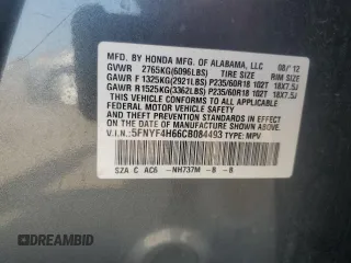 2012 Honda Pilot EX-L with VIN 5FNYF4H66CB084493, listed as a Copart auction lot 59683655 with 112,477 mi miles and Salvage title. Bid and sale history available at DreamBid. Image 13.