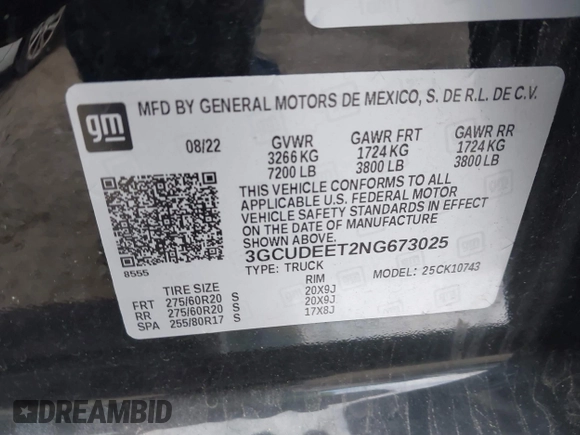 2022 Chevrolet Silverado 1500 RST with VIN 3GCUDEET2NG673025, listed as a IAAI auction lot 41226574 with 79,387 mi miles and . Bid and sale history available at DreamBid. Image 9.